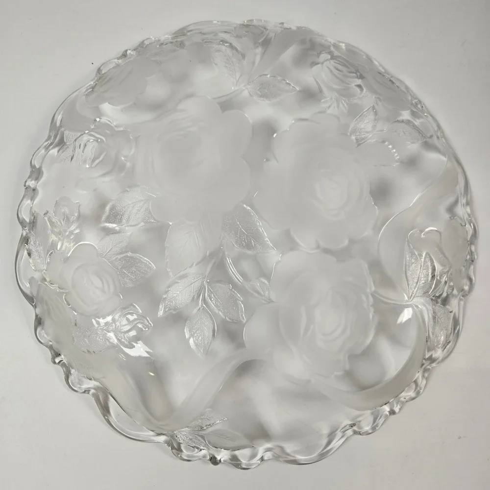 Laura Glass Rose Garden Platter 14 inch Clear Frosted Floral Serving Tray
